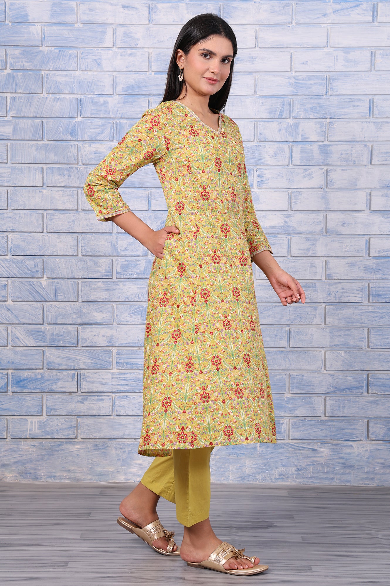 Green Floral Printed Lace Pure Cotton Flared Kurta, Straight Pant And Dupatta Set