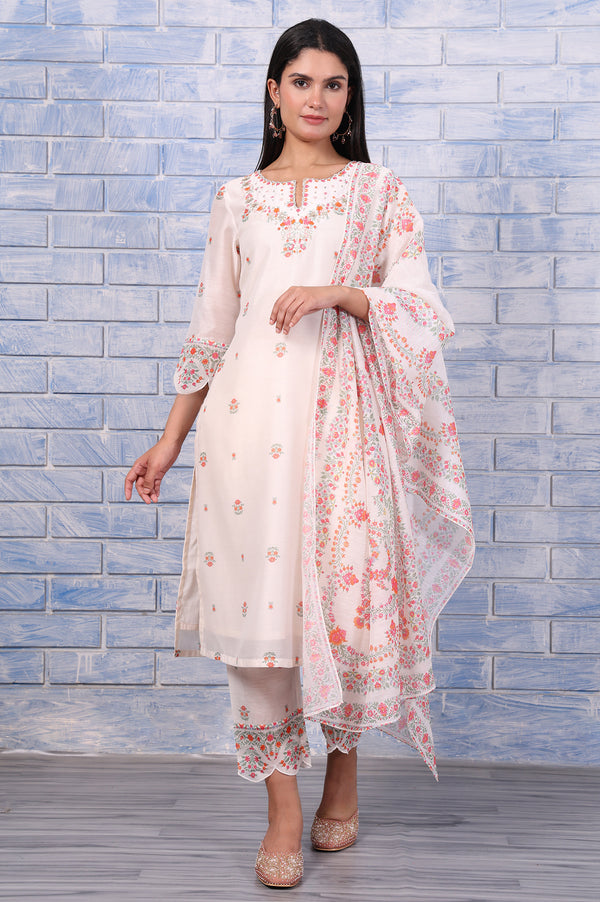 White Floral Printed Thread Embroidered Chanderi A-Line Kurta, Straight Pant And Dupatta Set