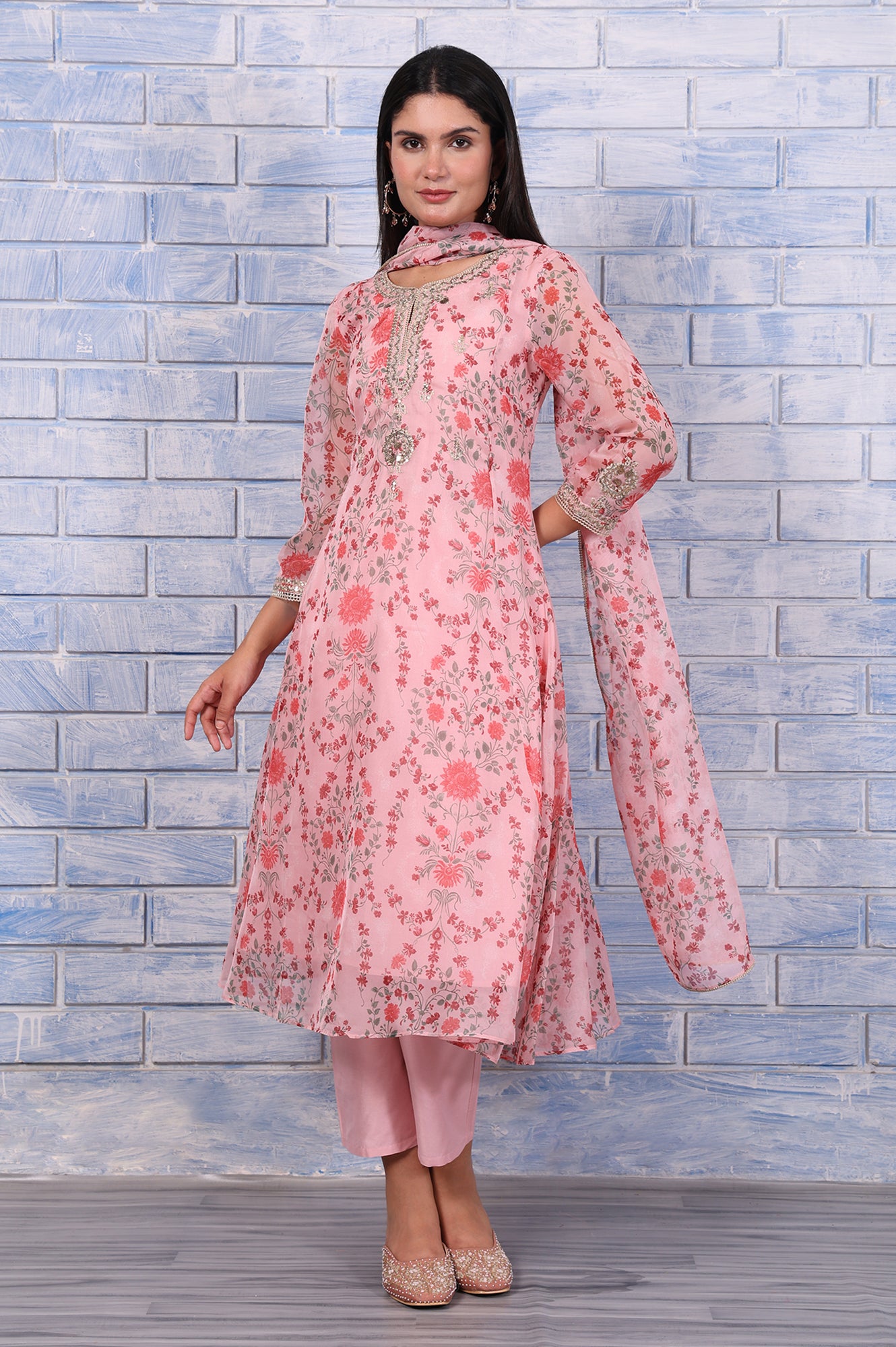 Pink Floral Printed Dori Embroidered Organza Flared Kurta, Straight Pant And Dupatta Set