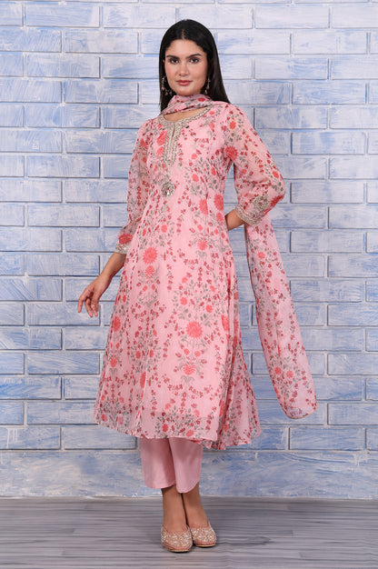 Pink Floral Printed Dori Embroidered Organza Flared Kurta, Straight Pant And Dupatta Set