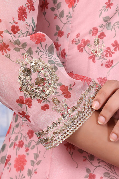 Pink Floral Printed Dori Embroidered Organza Flared Kurta, Straight Pant And Dupatta Set