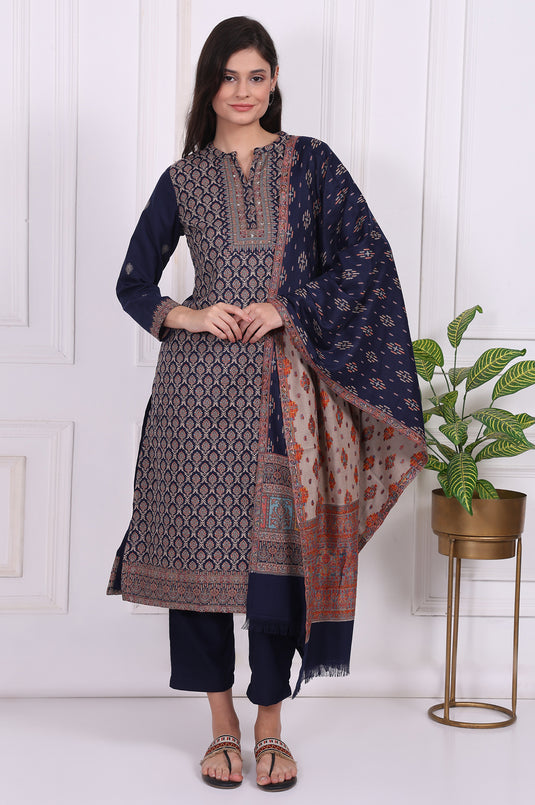 Amfyn Women's Casual 3-4Th Sleeve Ethnic Motifs Crepe Kurti Pant And Dupatta Set (Pink)