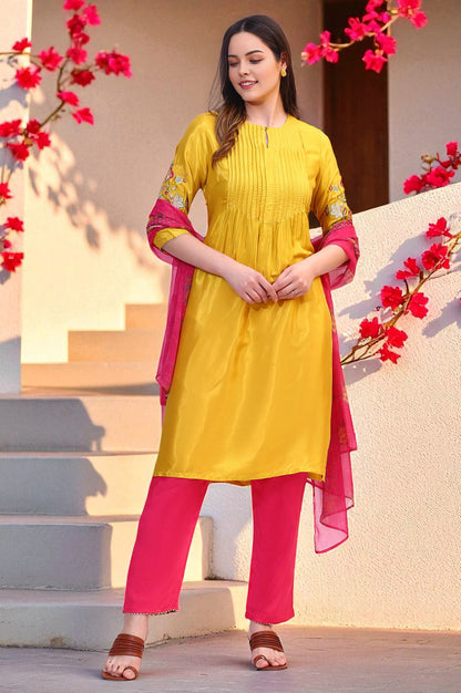 Yellow Embroidered Shantung Kurta, Pants and Dupatta Set