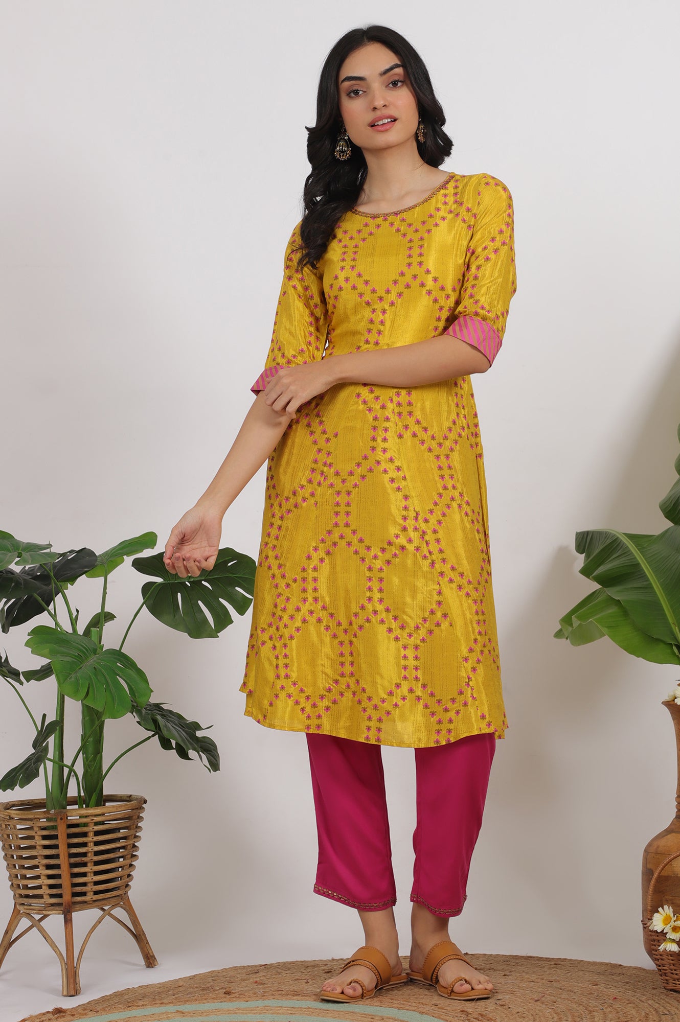Marigold Yellow Floral Printed Straight Shantung Kurta and Pants Set