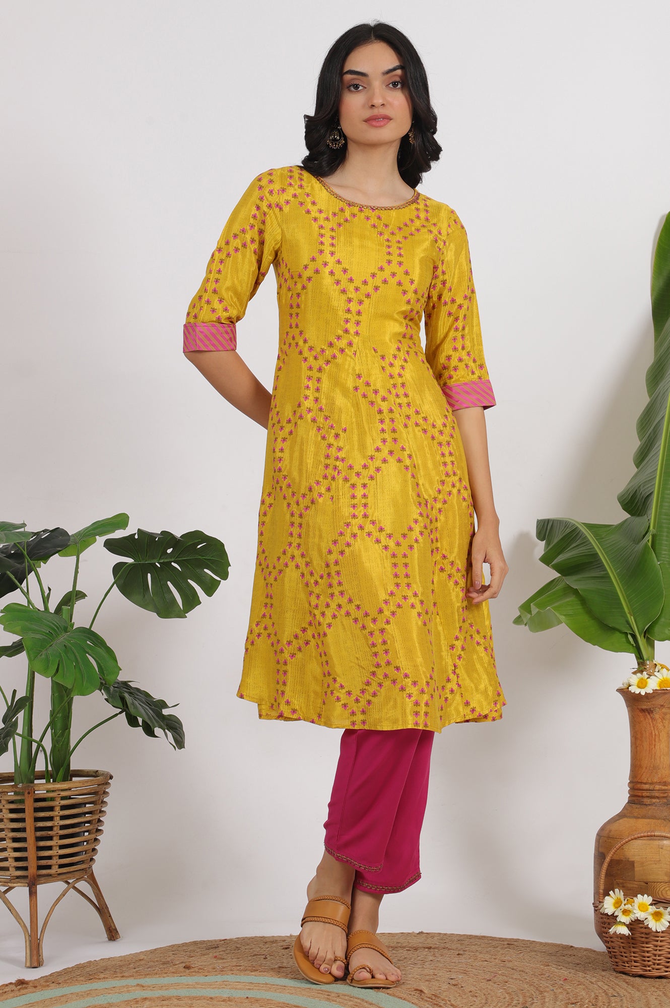 Marigold Yellow Floral Printed Straight Shantung Kurta and Pants Set