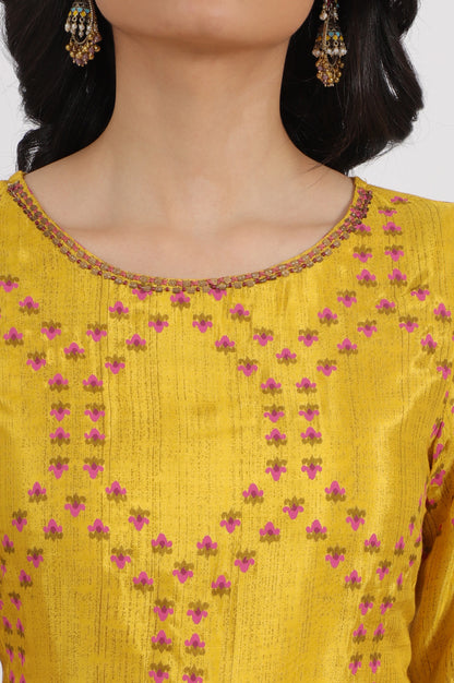 Marigold Yellow Floral Printed Straight Shantung Kurta and Pants Set