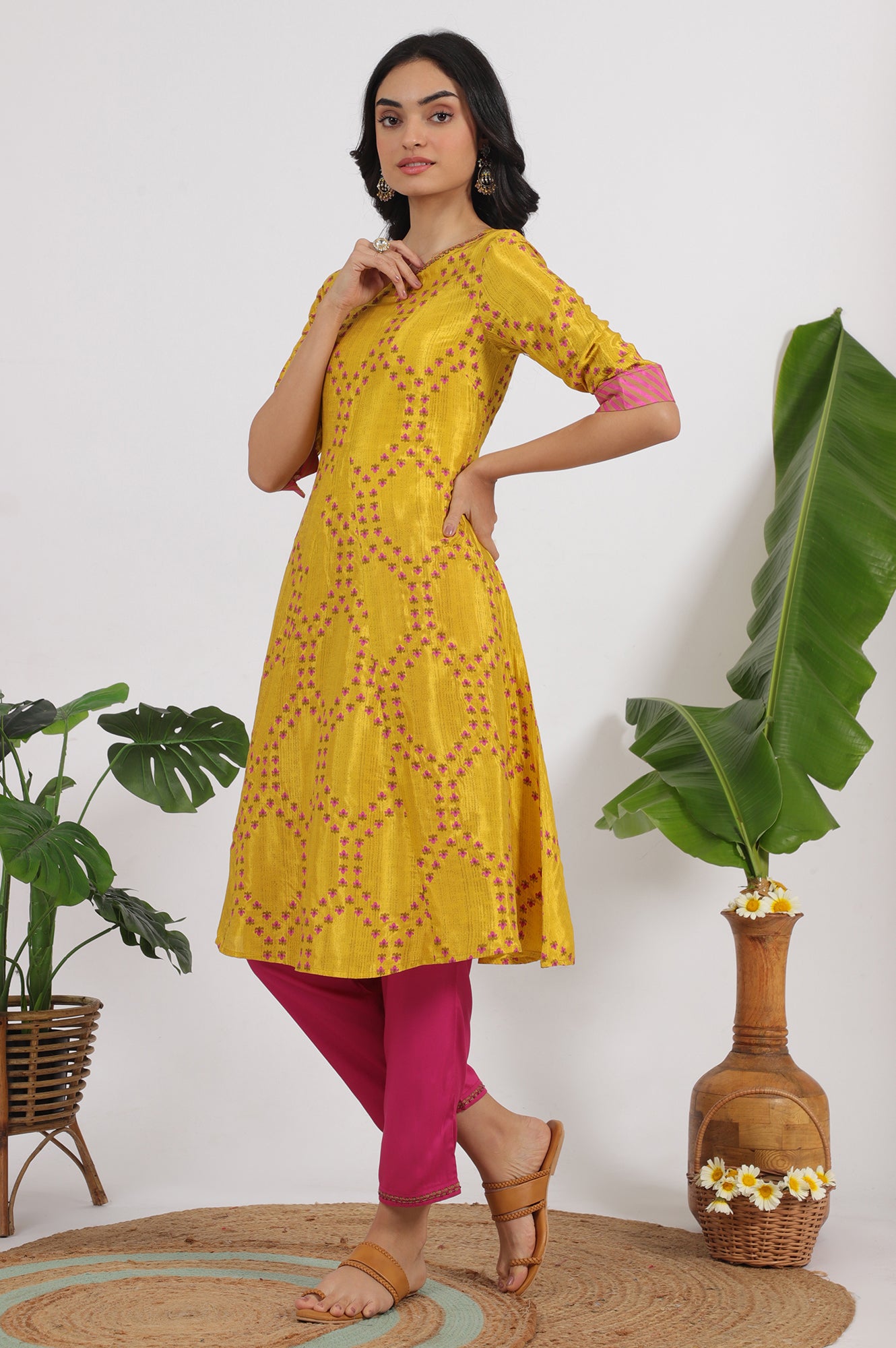 Marigold Yellow Floral Printed Straight Shantung Kurta and Pants Set