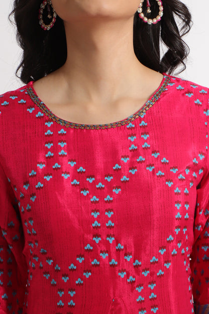 Pink Floral Printed Straight Shantung Kurta and Pants Set