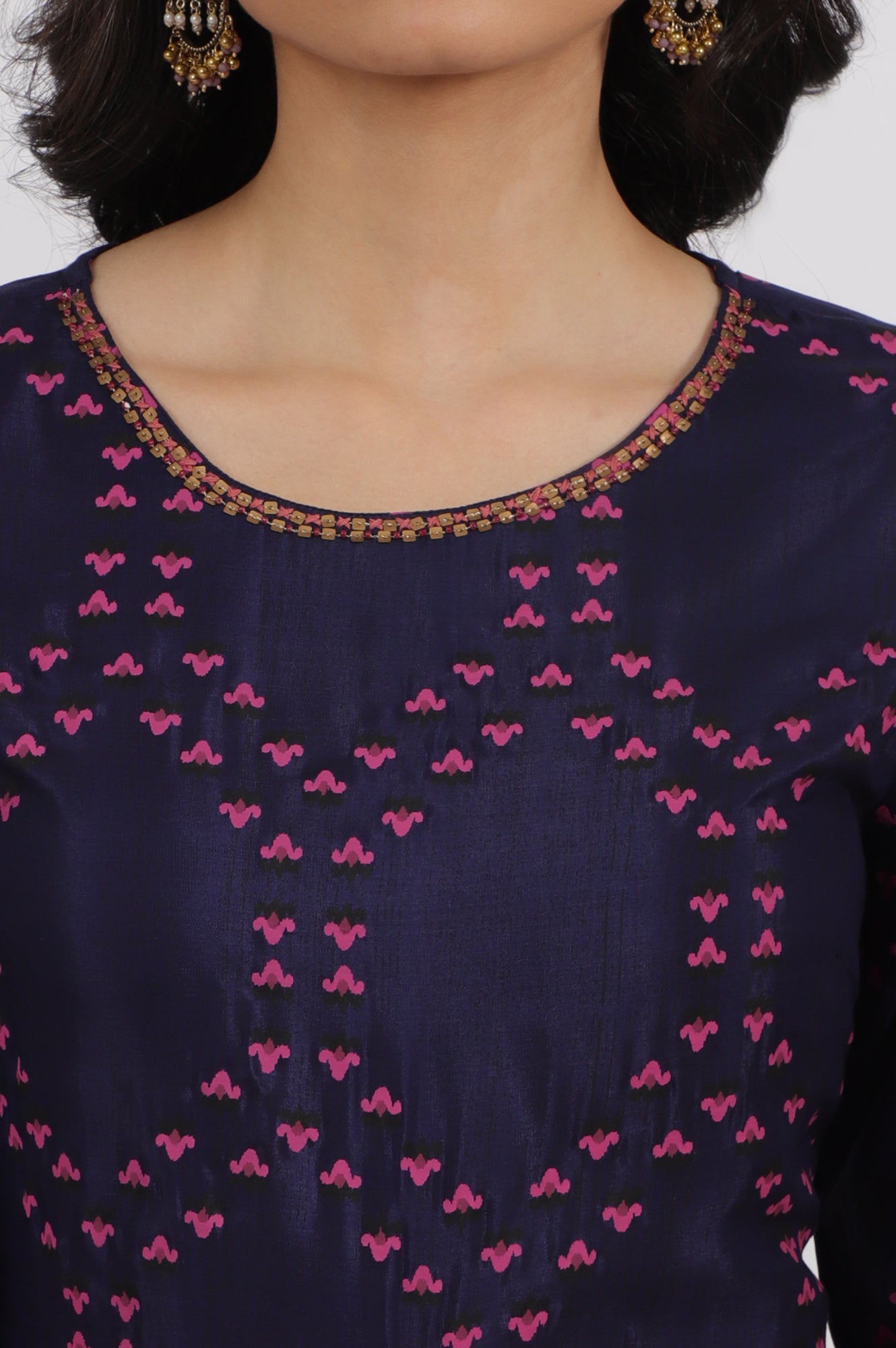 Blue Floral Printed Straight Shantung Kurta and Pants Set