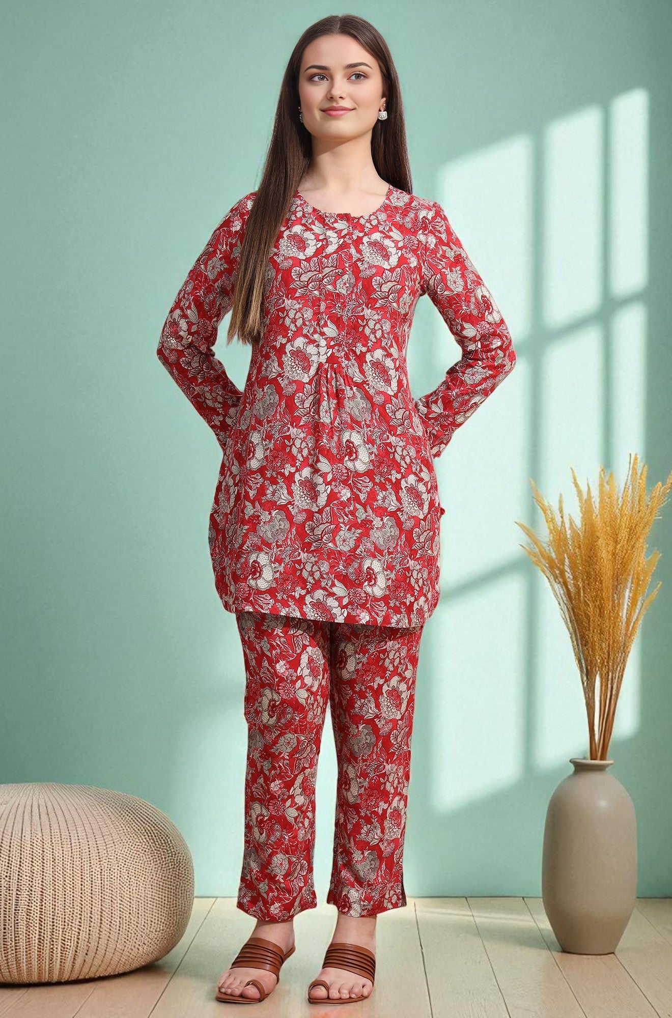 Red Floral Printed Rayon Straight Short Kurti and Pants Co-ord Set
