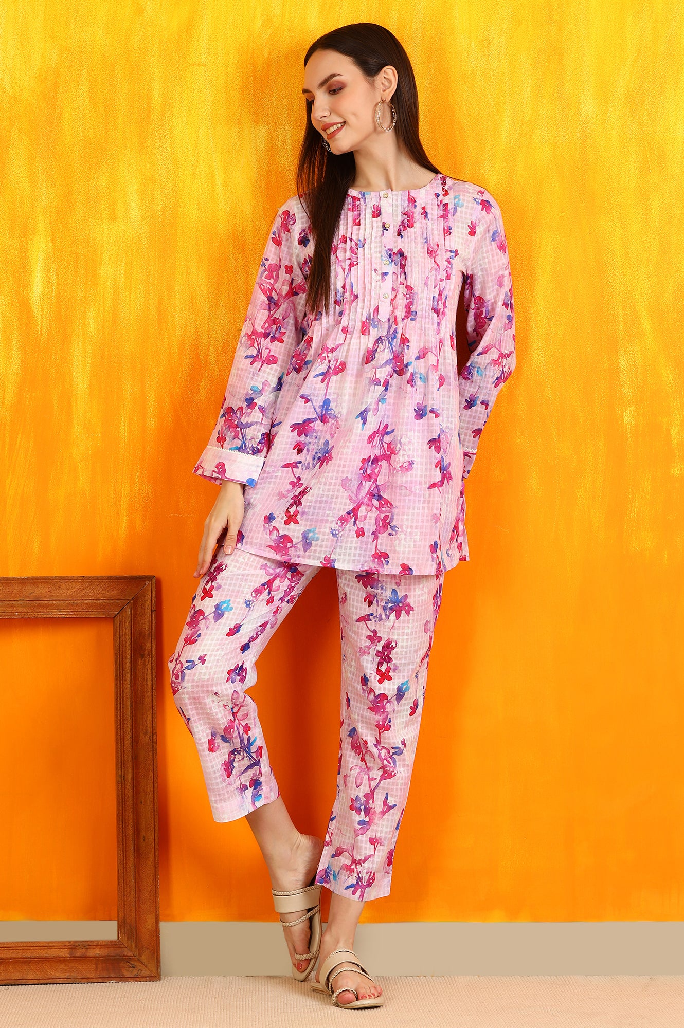 Pink Floral Printed Textured Cotton Short Tunic and Pants Co-ord Set