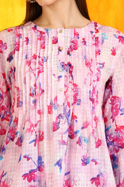 Pink Floral Printed Textured Cotton Short Tunic and Pants Co-ord Set
