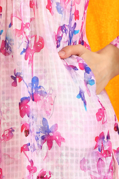 Pink Floral Printed Textured Cotton Short Tunic and Pants Co-ord Set