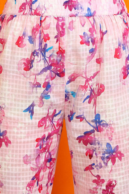 Pink Floral Printed Textured Cotton Short Tunic and Pants Co-ord Set