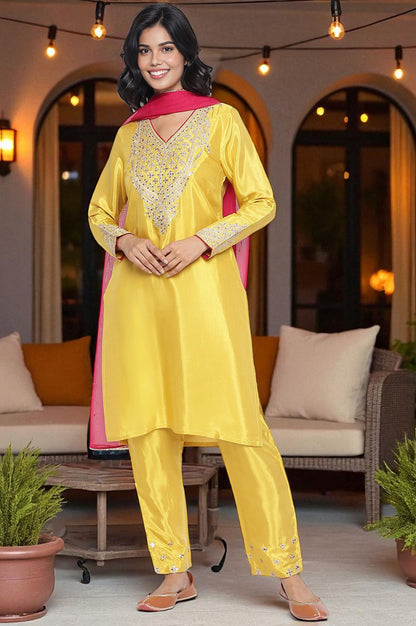 Yellow Solid Printed Shantung Straight Kurta, Straight Pant and Dupatta Set