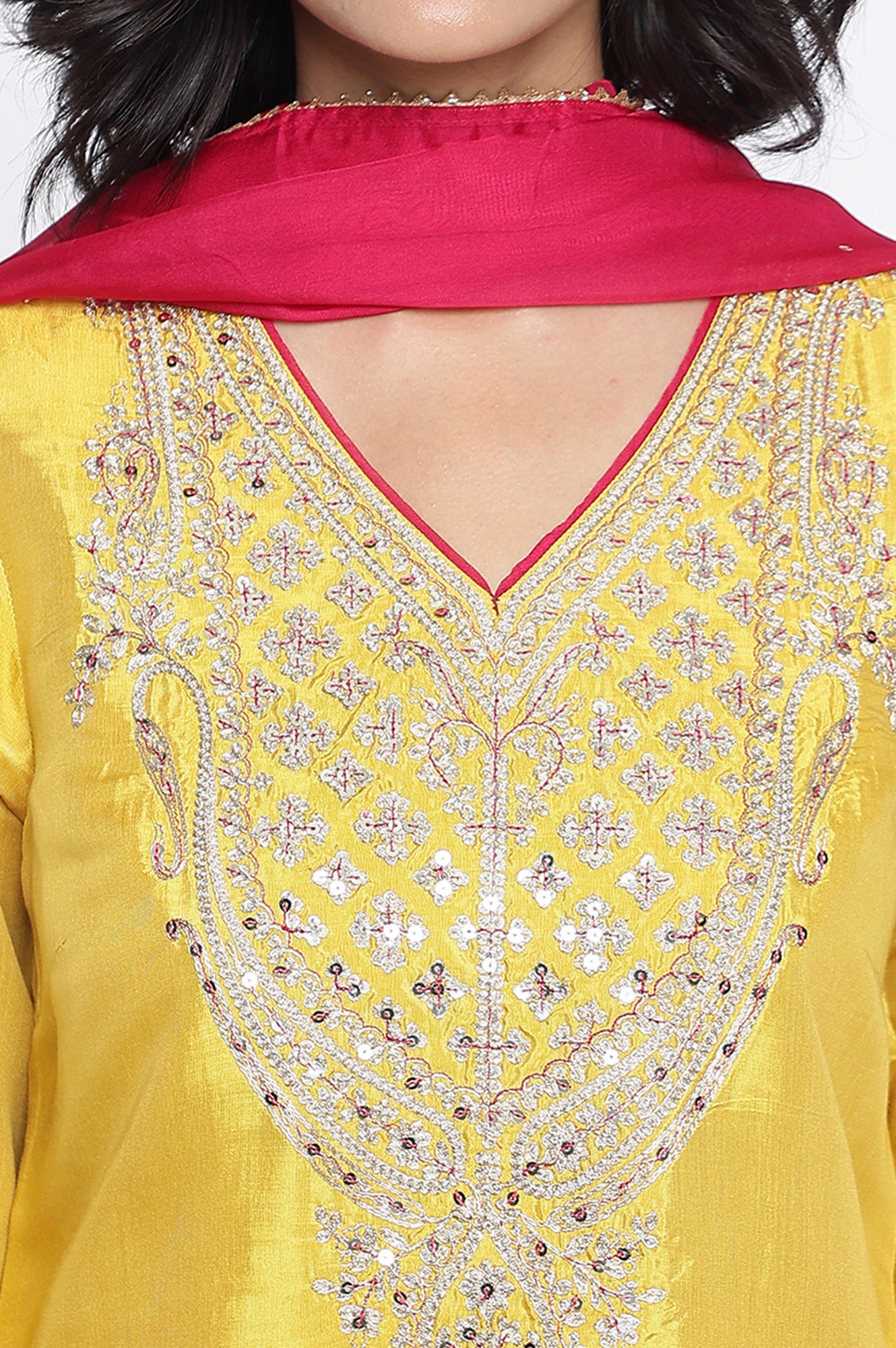 Yellow Solid Printed Shantung Straight Kurta, Straight Pant and Dupatta Set