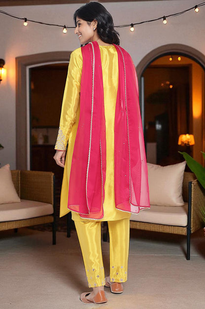 Yellow Solid Printed Shantung Straight Kurta, Straight Pant and Dupatta Set