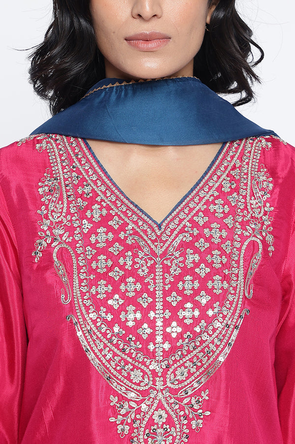 Fuschia Solid Printed Shantung Straight Kurta, Straight Pant and Dupatta Set