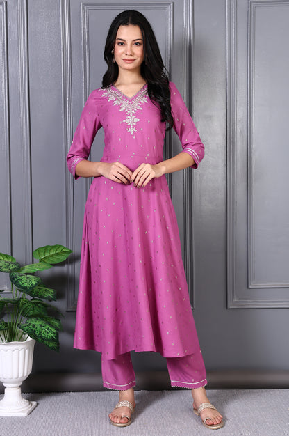 Purple Embroidered Glitter Printed Rayon Flared Kurta and Pants Set