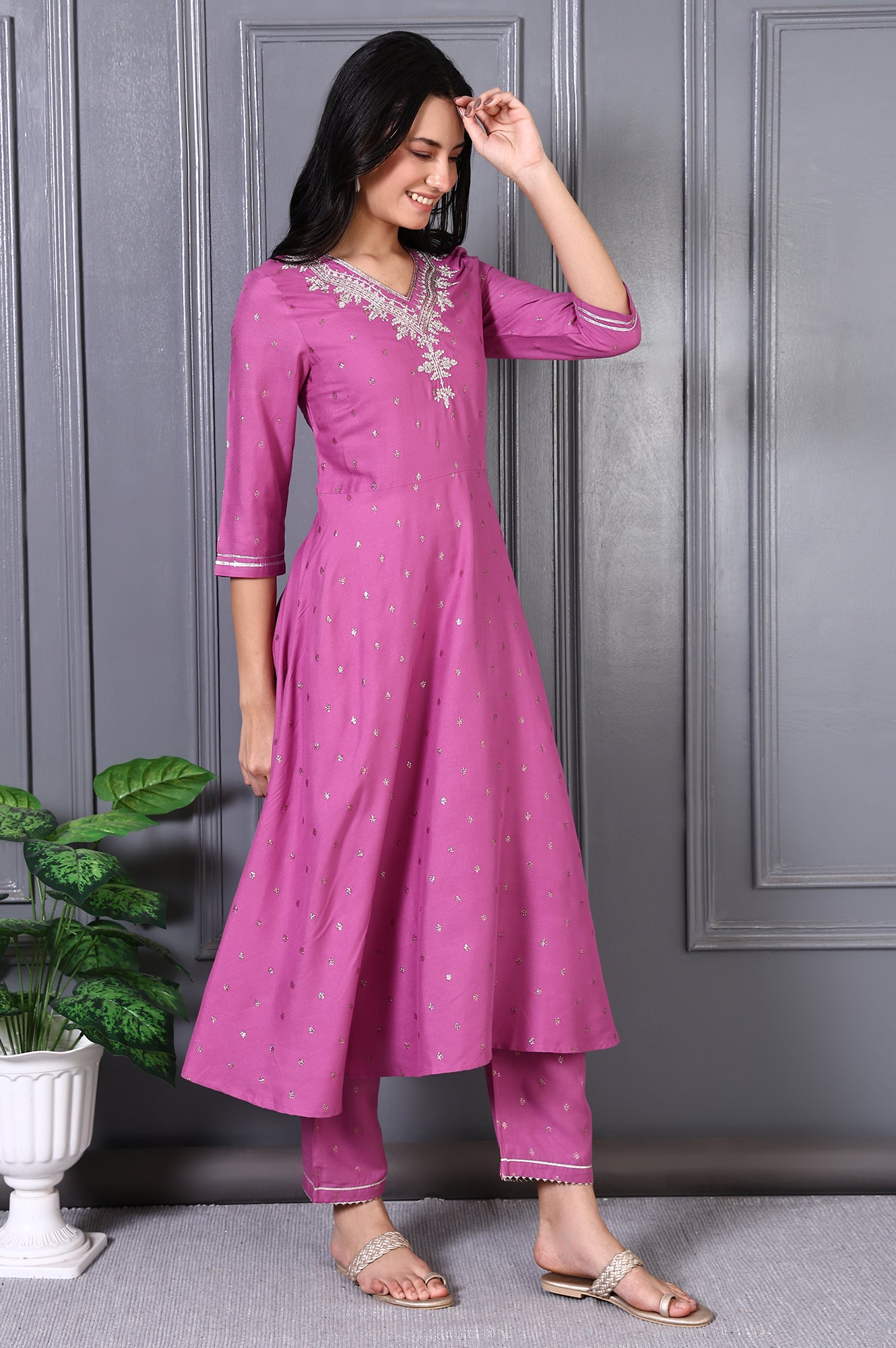 Purple Embroidered Glitter Printed Rayon Flared Kurta and Pants Set