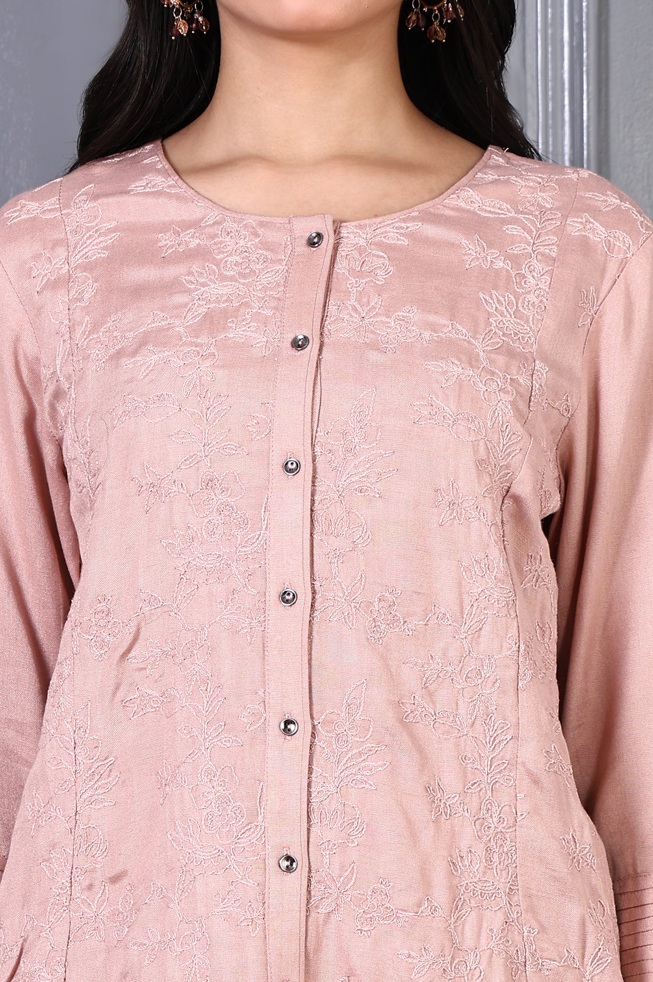 Pink Thread Embroidered Rayon Flax Straight Tunic and Pants Co-ord Set