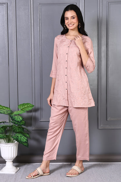 Pink Thread Embroidered Rayon Flax Straight Tunic and Pants Co-ord Set