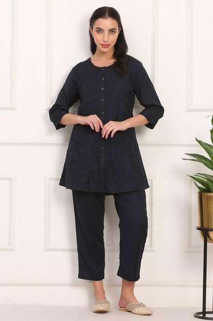 Blue Solid Embroidered Rayon Flax A-line Tunic and Straight Pants Co-ord Set