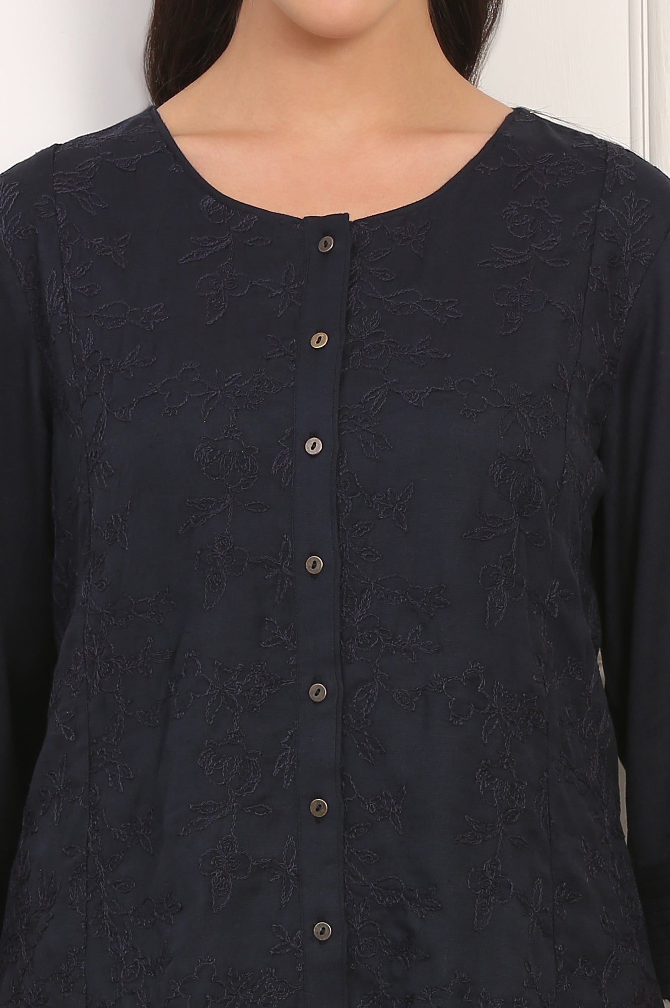 Blue Solid Embroidered Rayon Flax A-line Tunic and Straight Pants Co-ord Set