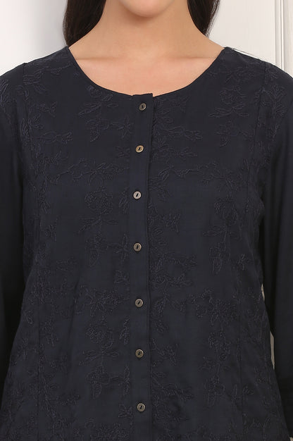 Blue Solid Embroidered Rayon Flax A-line Tunic and Straight Pants Co-ord Set