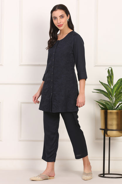 Blue Solid Embroidered Rayon Flax A-line Tunic and Straight Pants Co-ord Set