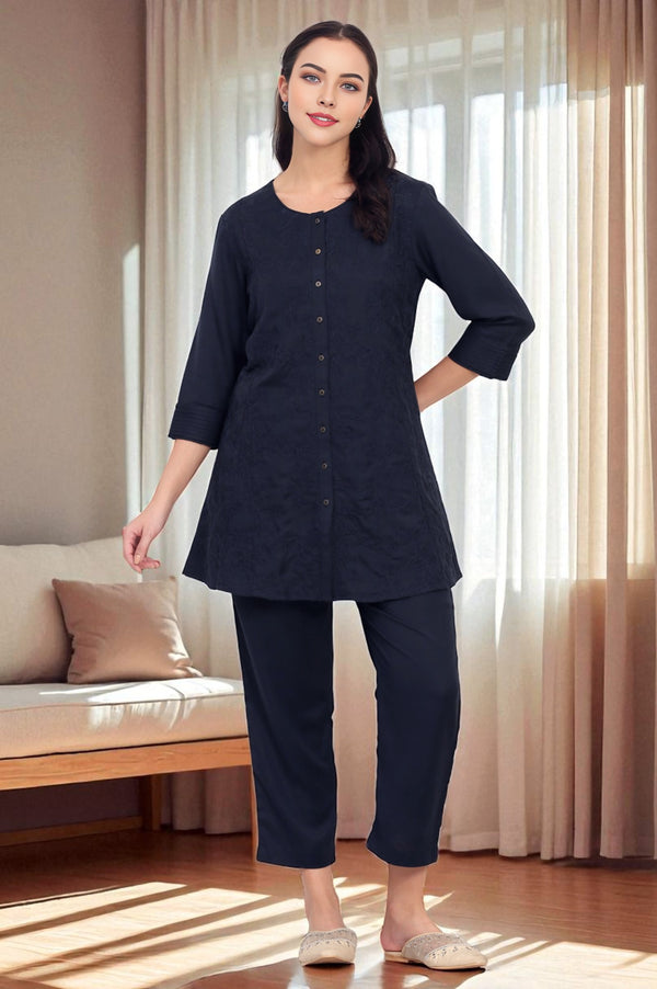 Blue Solid Embroidered Rayon Flax A-line Tunic and Straight Pants Co-ord Set