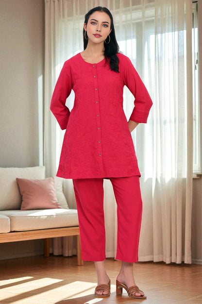 Red Solid Embroidered Rayon Flax A-line Tunic and Straight Pants Co-ord Set