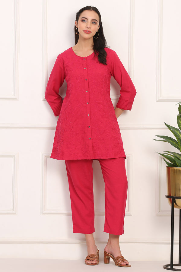 Red Solid Embroidered Rayon Flax A-line Tunic and Straight Pants Co-ord Set