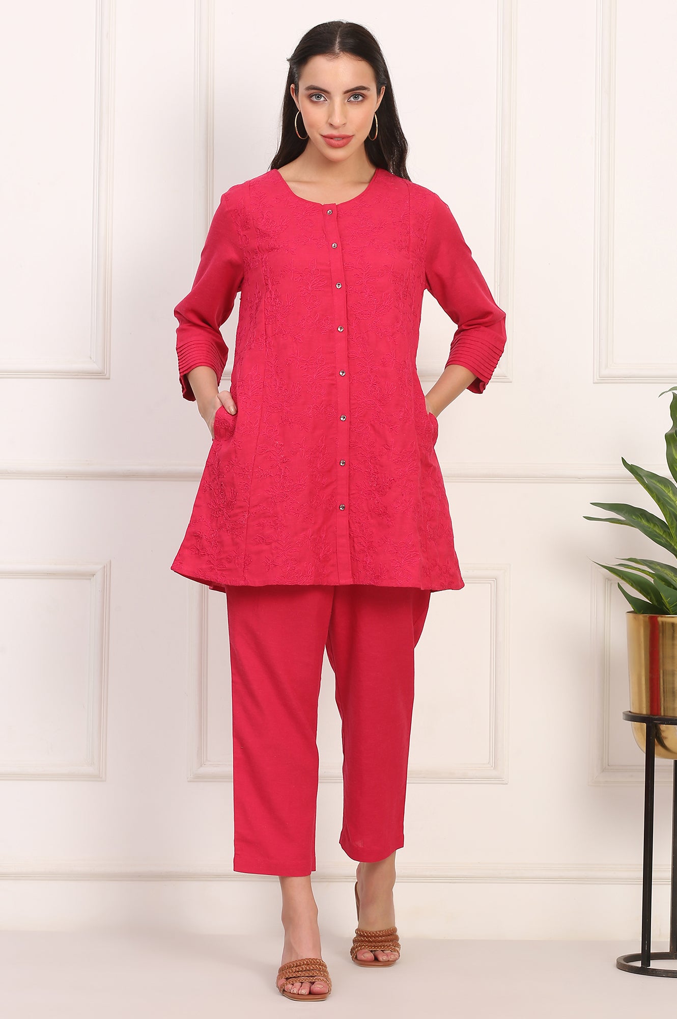 Red Solid Embroidered Rayon Flax A-line Tunic and Straight Pants Co-ord Set
