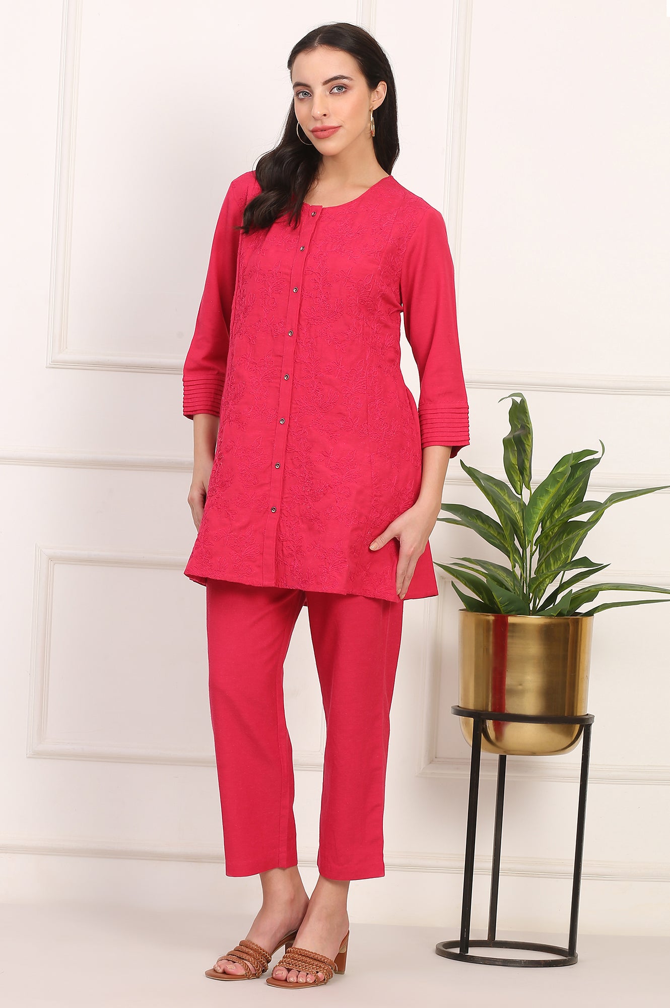 Red Solid Embroidered Rayon Flax A-line Tunic and Straight Pants Co-ord Set