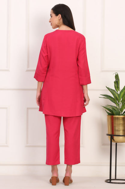 Red Solid Embroidered Rayon Flax A-line Tunic and Straight Pants Co-ord Set