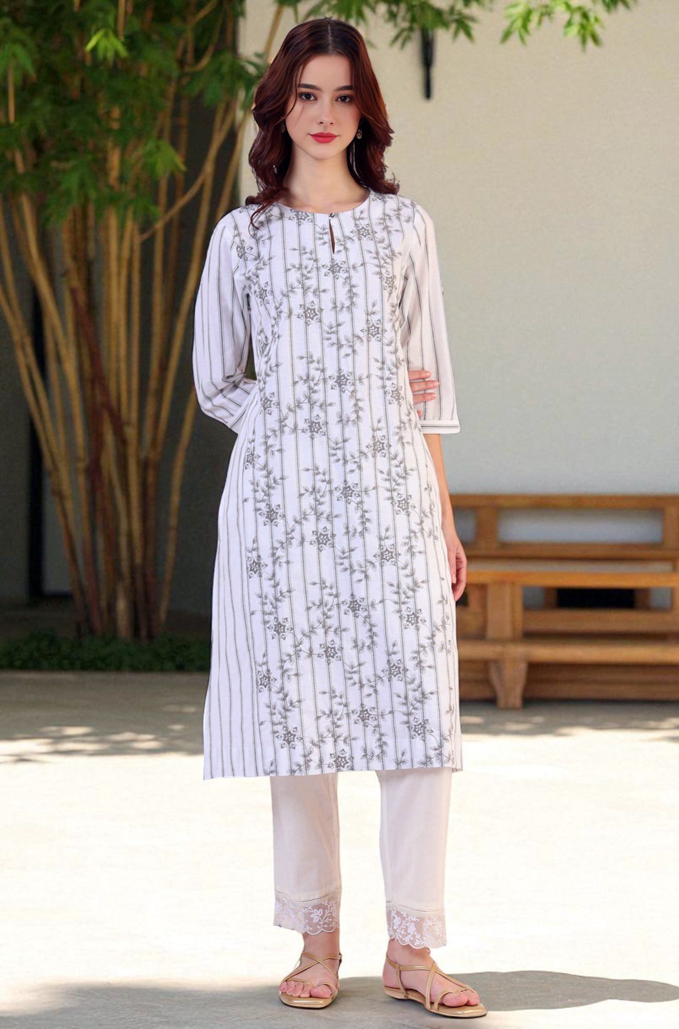 Off-White Yarn Dyed Embroidered Cotton Flax Straight Kurta