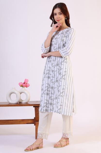 Off-White Yarn Dyed Embroidered Cotton Flax Straight Kurta