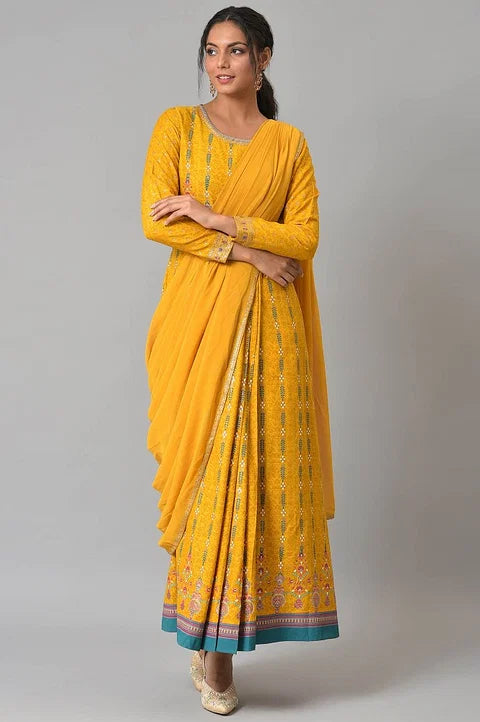 Yellow Glitter Printed Festive Saree Dress With Belt