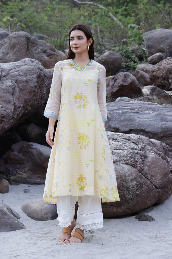 White Floral Printed Sequined Kota Layered Kurta