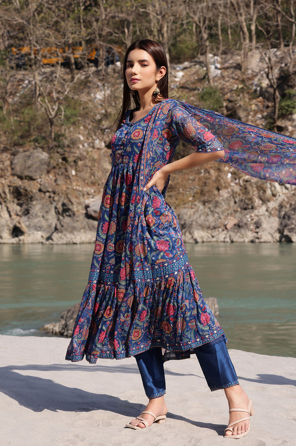 Blue Chintz Floral Printed Chiffon Anarkali Kurta, Straight Pants and Dupatta Set
